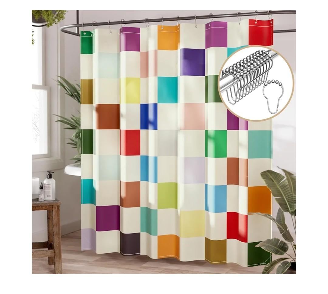 AmazerBath Colorful Checkered Shower Curtain, 72x72 Washable Cloth Modern Geometric Shower Curtains for Bathroom, Fabric Cute Kids Shower Curtain Set & 12 Hooks, Rustic RV Camper Dorm Shower Curtain