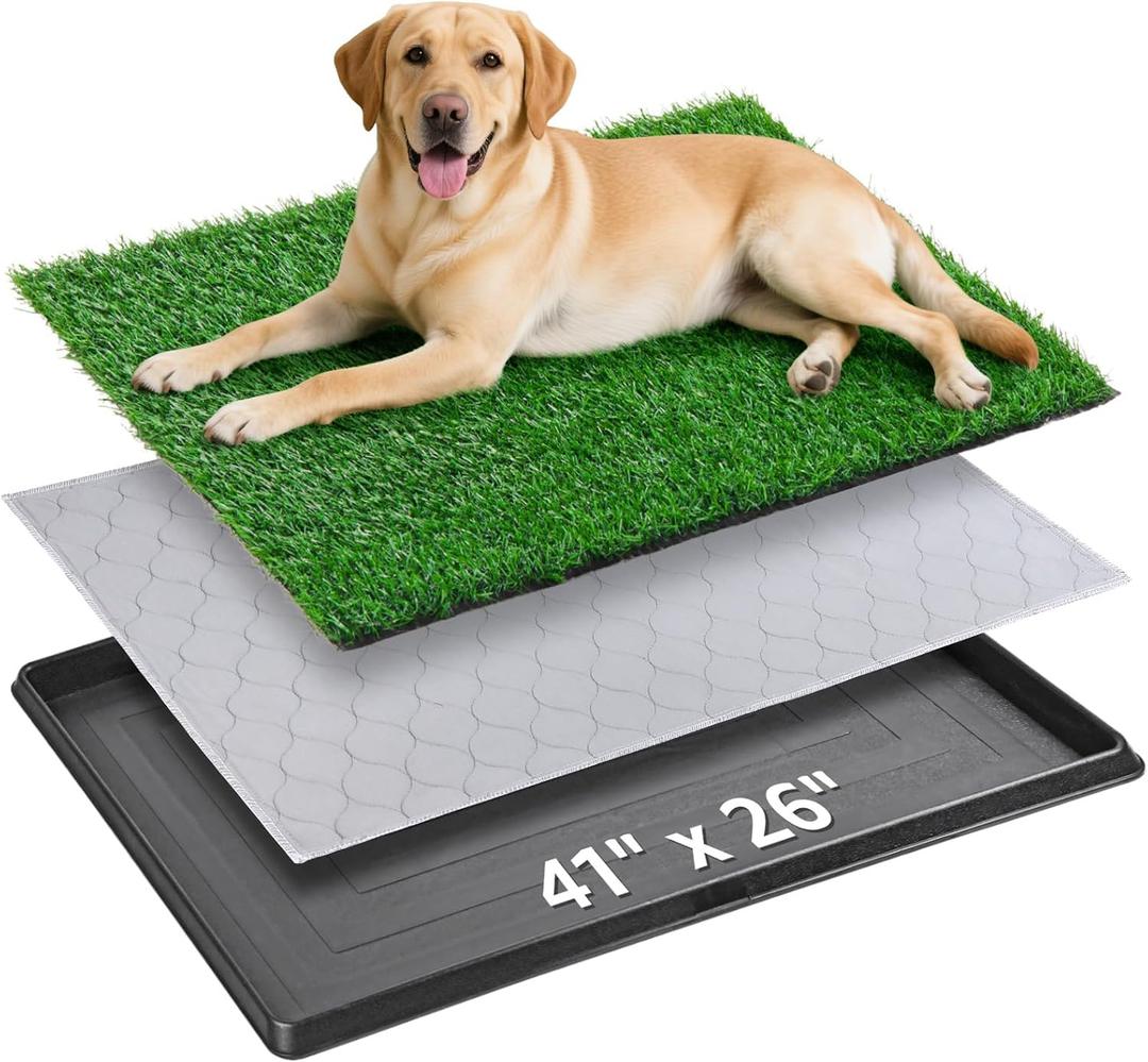 Dog Grass Pad with Tray Large 41''x26'', Portable Dog Litter Box with Artificial Grass Turf Mat & Washable Pee Pad for Puppy Training, Pet Loo Perfect for Indoor/Outdoor Patio Balcony Use (41"x26"3 Layer Potty System))