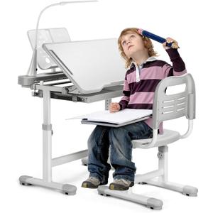 Rengue Kids Desk and Chair Set, Height Adjustable Children School Functional Study Desk with 55° Tiltable Desktop, 3 Modes & Brightness LED Light, Storage Drawer & Metal Hook for Boys Girls (Grey)