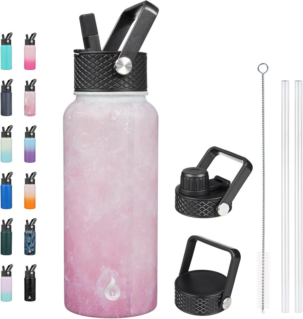 BJPKPK Insulated Water Bottles with Straw Lid, 32oz Metal Large Water Bottle with 3 Lids, Reusable Leak Proof BPA Free Thermos, Stainless Steel Tumblers for Sports, Gym, Travel-Blossom