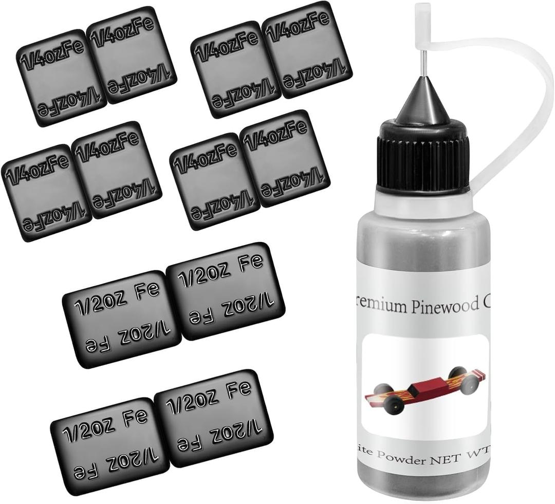 DerbyCraftPro Pinewood Car Weights Kit-4.5oz|Lead-Free 4oz Derby Car Weights+0.5oz Graphite Powder|Graphite Lubricant Works on Pine Wheels & Axles|Low-Profile Weights Adjust The COG, Easy Peel & Stick (Black)