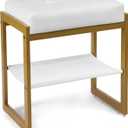 Vanity Stool, Faux Leather Vanity Chair Stool for Dressing Table, Modern Gold Metal Footstool Ottoman for Bedroom & Living Room, White & Gold