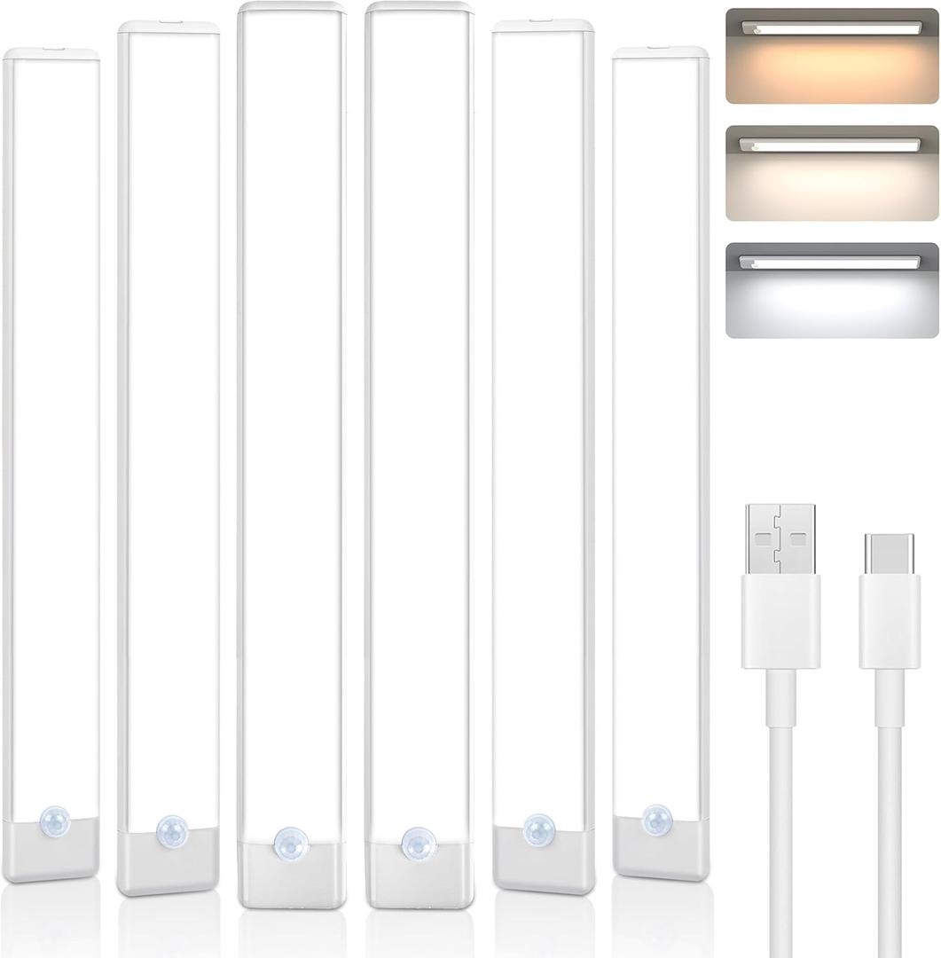 maylit 6 Pack Under Cabinet Lighting, 3 Color Temps Motion Sensor Light Indoor, Rechargeable Battery Operated Lights, Wireless Magnetic Light Bar for Kitchen Counter Closet Stair Shelf Display (9 inch)