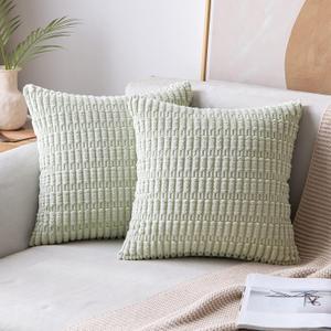 MIULEE Pack of 2 Corduroy Decorative Throw Pillow Covers 20x20 Inch Soft Boho Striped Pillow Covers Modern Farmhouse Home Decor for Sofa Living Room Couch Bed Light Green (20" x 20" (Pack of 2))