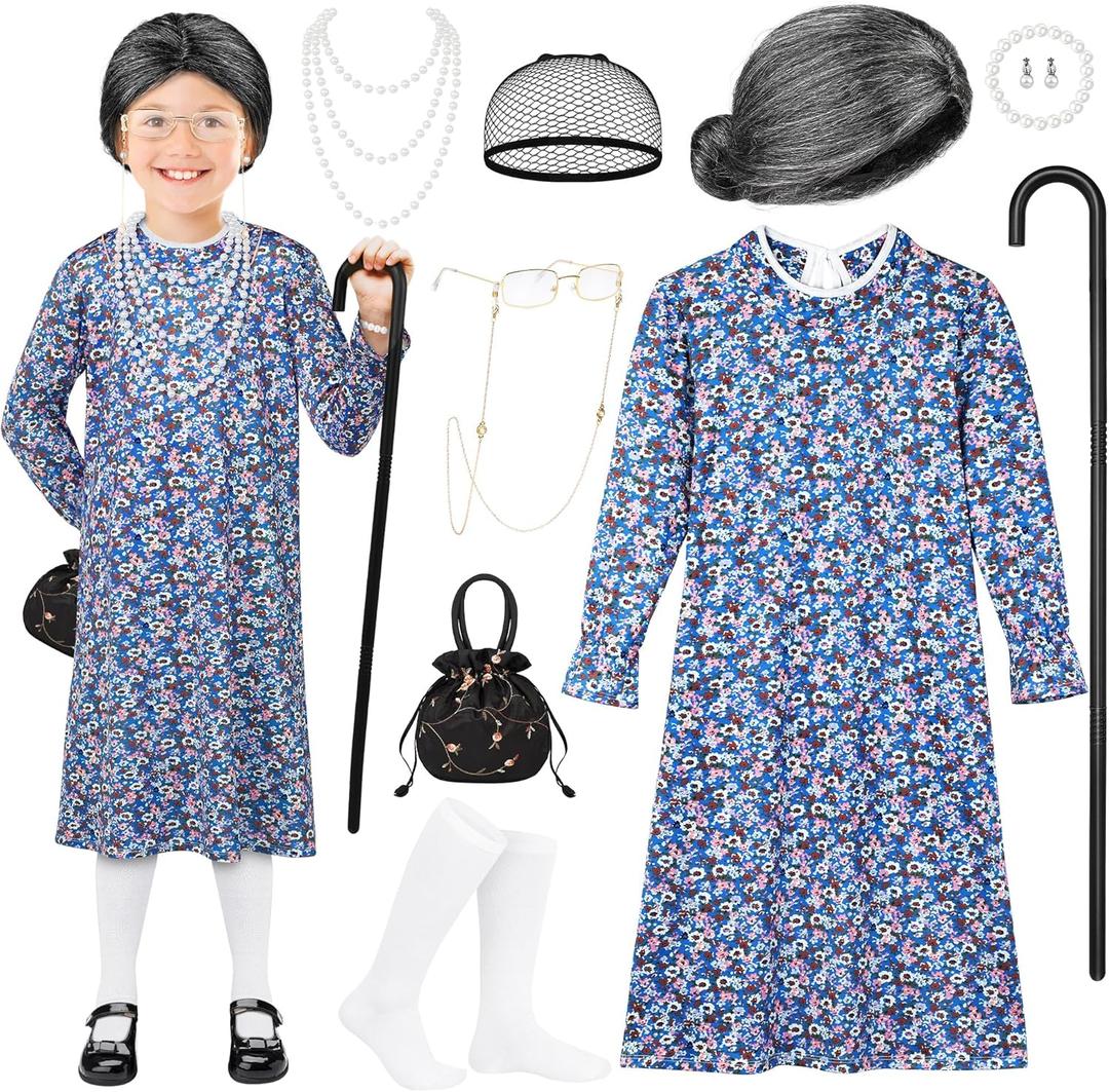 AOTHSO 10 Pcs Kids Old Lady Costume 100 Days of School Costume for Girls Halloween Grandma Dress with Wig Granny Cane for Kid (8-10 Years)