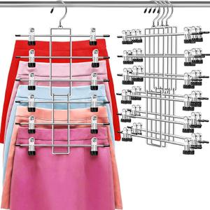 Pants Hangers with Clips, Space Saving Hanging Closet Organizer-6 Tiers Skirt Hangers with 360 Swivel Hook, Closet Organizer-Clothes Hangers- College Dorm Essentials Apartment Essentials- 4 Pack