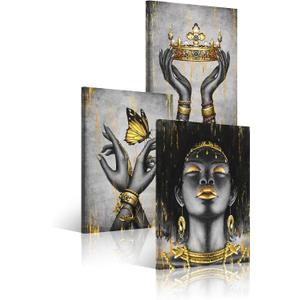 WELMECO Elegant African American Woman with Gold Crown Fashion Accessories Painting Giclee Prints Black Girl Canvas Poster Gallery Wrapped Artwork for Bedroom Living Room Makeup Room Decoration, Large