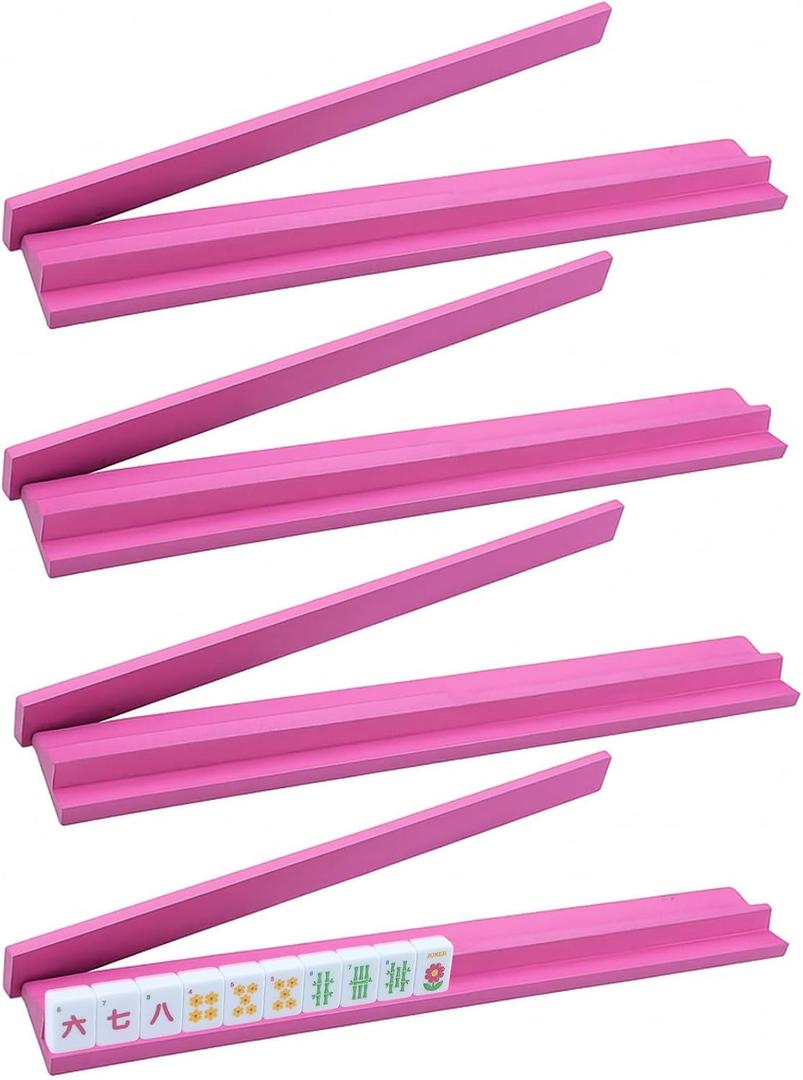 Leinuosen Wooden Mahjong Racks with Pushers 4 Set Magnet American Mahjong Tile Rack and Magnetically Attached Pushers Painted Tile Holders for Players Gift Family Night (Pink)