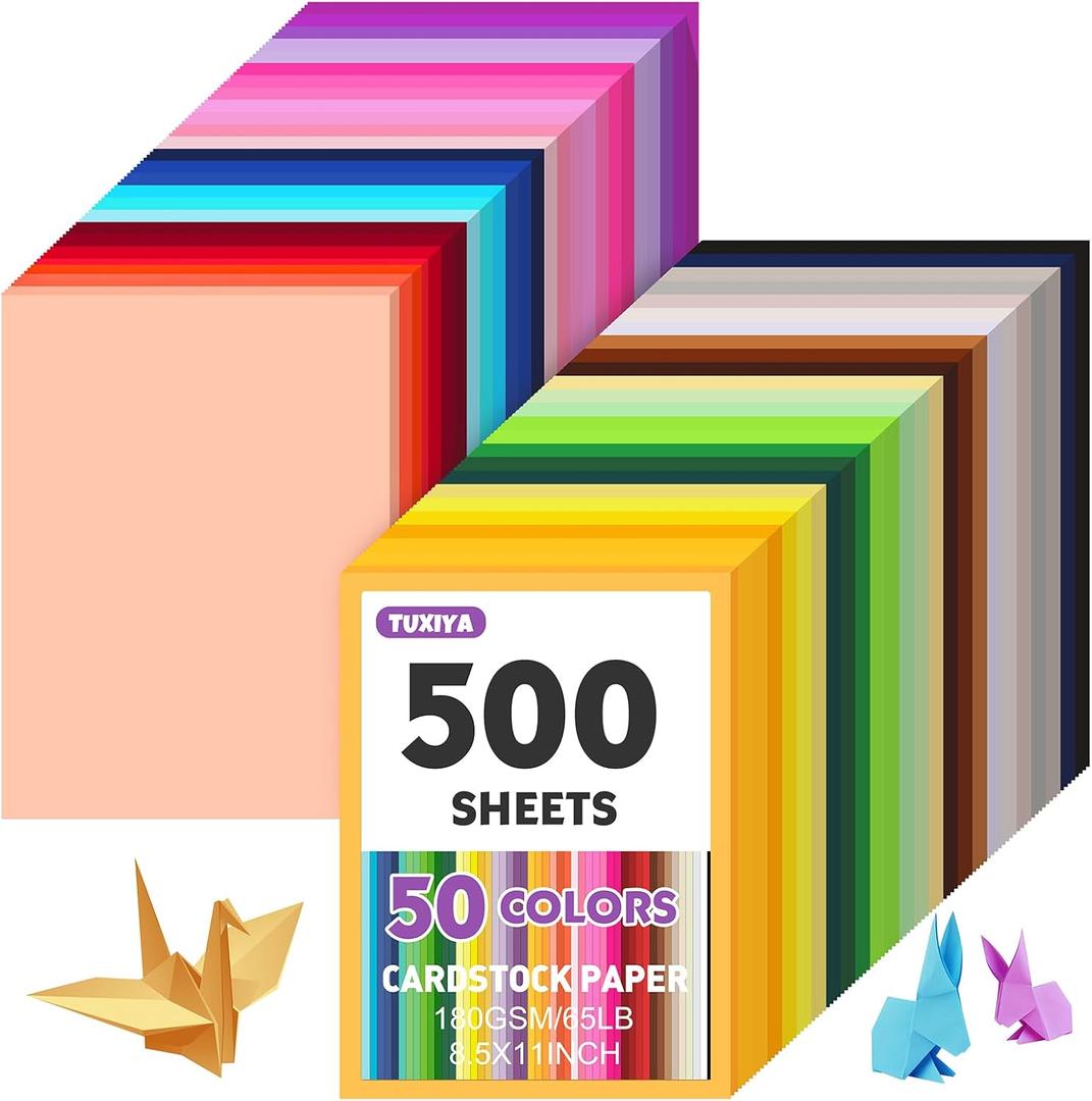 500 Sheets 8.5" X 11" Colored Cardstock, 50 Assorted Colors Construction Paper Card Stock Printer Paper for Printing, Card Making, DIY Crafts,School Supplies,Party Decorations (180GSM/65LB)
