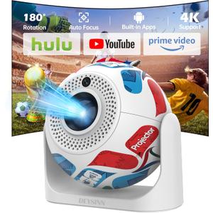 Portable Mini Projector, Football Design 4K Support Android 13 Smart Projector, Auto Keystone Correction 180 Adjustable, for Bedroom Outdoor Camping Home Theater Entertainment