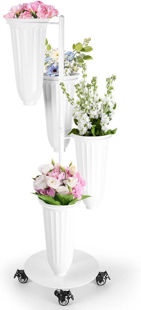 Flower Display Stand With Buckets,Rotatable Flower Cart Display Stand with Wheels,Flower Bar Stand for Florist Garden Wedding Home Decor (White)