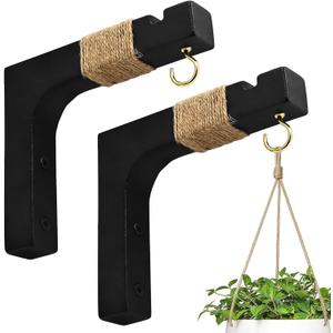 2 Pack Plant Hanger Hooks for Indoor Hanging Plants, Farmhouse Wooden Hanging Basket Wall Hooks for Outdoor Flower Pots Lanterns Wind Chime Lights Garden Decoration (Black)