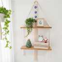Macrame Hanging Shelf Boho Wall Decor - 2 Tier Handmade Cotton Rope & Rustic Wood Floating Shelves with Evil Eye Charms, Display Photos Plants, Bohemian Storage for Living Room, Bathroom (27"L)