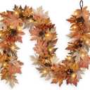 6 FT Fall Garland with Lights Timer Function Fall Leaves Garland with Berries Pine Cones Realistic Autumn Automatic ON/Off Timer Fall Decorations for Home Mantle Fireplace Porch Table