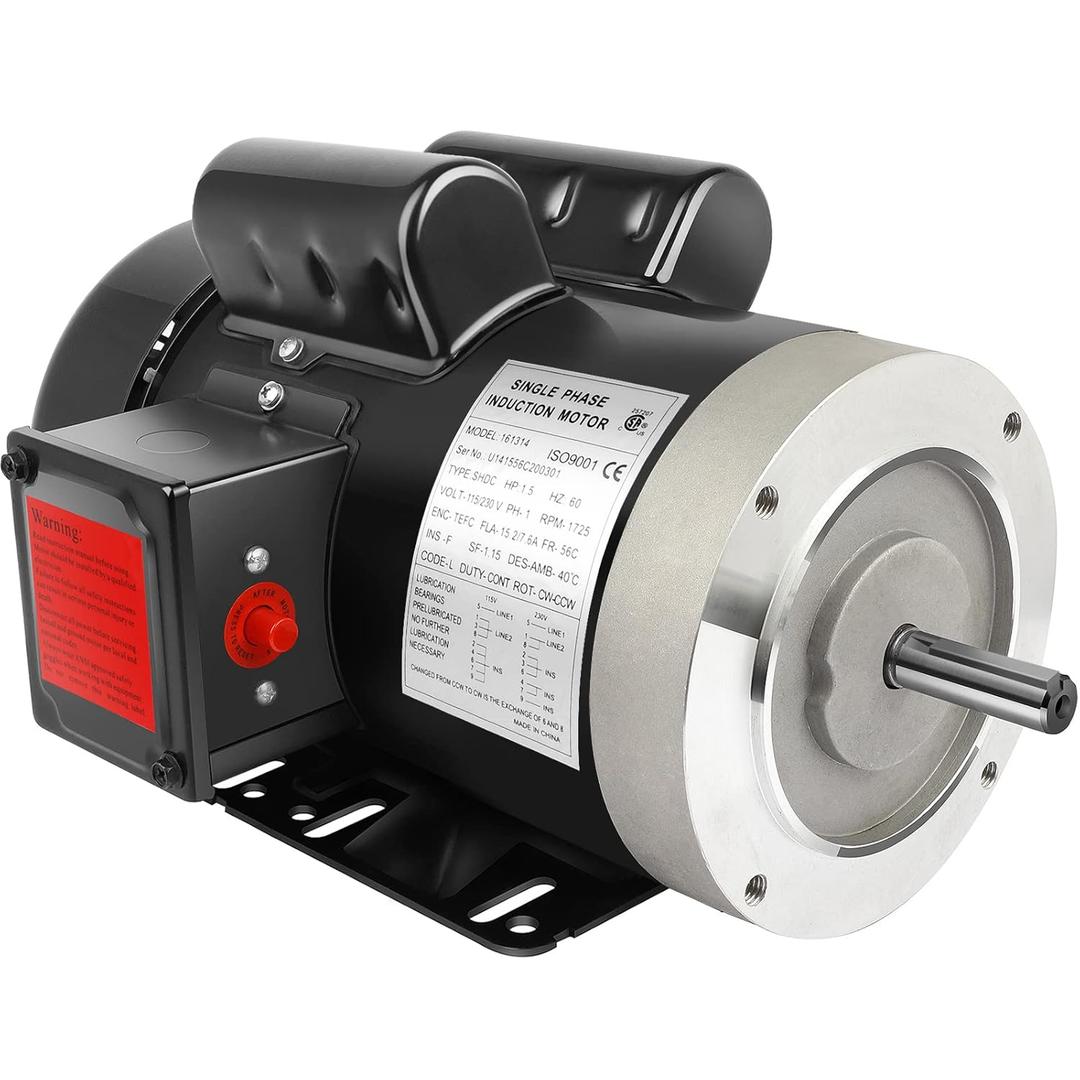 1.5HP Electric Motor General Purpose Single Phase Motor 1750RPM 56C 115/230V 5/8" Shaft Diameter CW/CCW TEFC IP55 60HZ