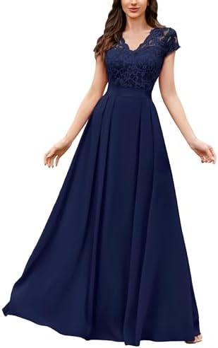 Miusol Women's Elegant Floral Lace Formal V Neck Bridesmaid Party Dress (Medium, Navy Blue)