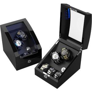 TRIPLE TREE Double Watch Winder+ 3 Soft Leather Watch Pillows LED Automatic Watches Winding Box Wood Shell Mechanical Watch Shaker Japanese Quiet Motor Watch Spinner Case Fit Lady and Man Watches