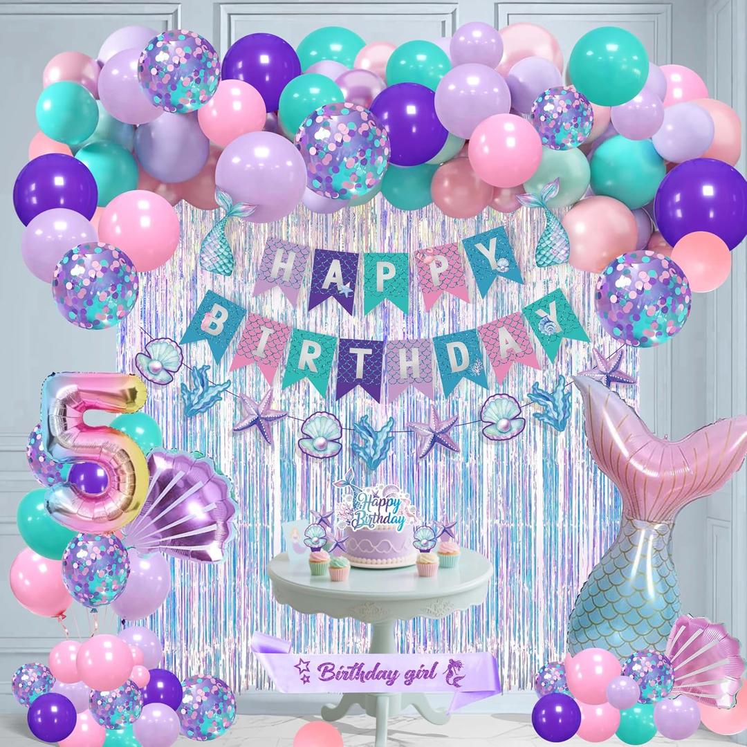 Mermaid Birthday Party Decorations,Mermaid Balloons Kit Sea Balloon Tail Foil Balloon for Girls,Birthday Banner,Sash,Cake Toppers (Number 5)