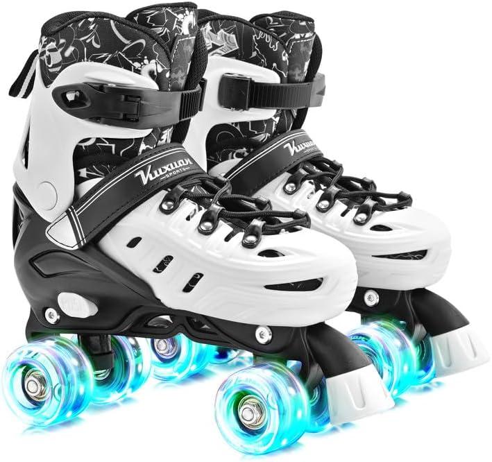 Kuxuan Skates Roller Skates for Girls and Boys Kids, 4 Sizes Adjustable Fun Kids Toddler Rollerskates with Light up Wheels for Teens Women Indoor Outdoor (Medium, White)