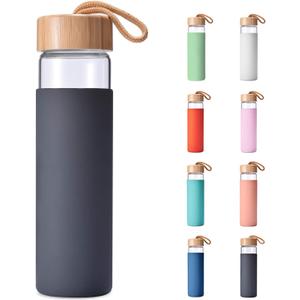 20 Oz Borosilicate Glass Water Bottles with Silicone Sleeve BPA Free, Dishwasher Safe - Reusable Clear Glass Drinking with Leak Proof Bamboo Lid | Perfect Gym Water Bottles for Men & Women (Charcoal Grey)