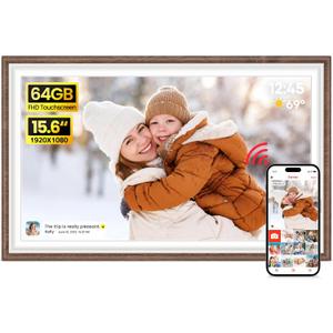 64GB Frameo 15.6" Digital Picture Frame Large 1920 x 1080 IPS FHD Touch Screen WiFi Electronic Photo Frames Share Moments Instantly Anywhere Best Gifts for Parents and Grandparents Brown Wood White