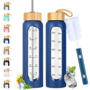SipZest 32 oz Glass Water Bottle with Straw - Motivational Time Marker & Silicone Sleeve - Reusable Tumbler Includes 2 Bamboo Lids & Fruit Infuser - 1 Pack