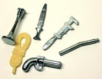 Clue Board Game Replacement Weapons Set (6) Pewter Rope Candlestick Dagger Wrench Lead Pipe Revolver, Small