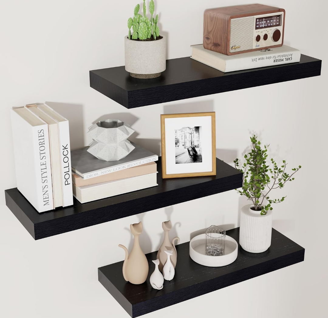 Black Floating Shelves for Wall, Wooden Shelves for Wall  Modern Black Shelves for Bedroom Living Room Bathroom Kitchen, Shelves for Wall Decor Storage - Black