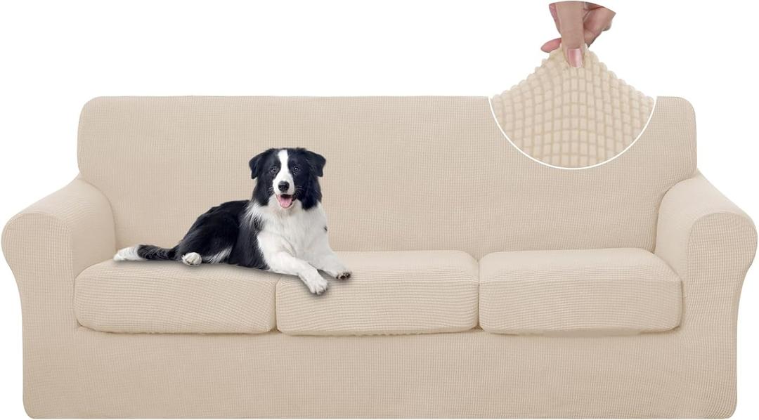U-NICE HOME 3 Pieces Stretch Couch Cover Sofa Cover Washable Sofa Slipcover with Individual Seat Cushion for 3 Cushion Couch Sofa Pet Friendly(Sofa, Beige)