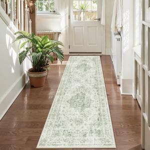 DUIDY 9x12 Vintage Washable Area Rugs Boho Medallion Large Distressed Retro Accent Carpet Floral Non-Slip Soft Low Pile Indoor Throw Rug for Living Room Bedroom Dining Room Office Kitchen, Green