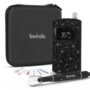 Lavinda Professional Electric Nail Drill Kit, 35000RPM Cordless Portable Machine for Acrylic Gel Nails, Rechargeable E File With Black Rhinestones, Manicure Tools (Black)