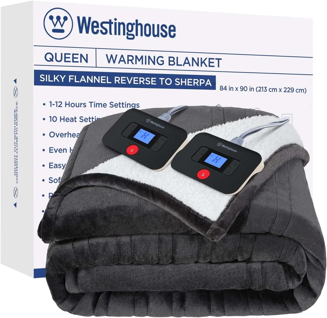 Westinghouse Electric Blanket Queen, Heated Blanket Queen Size with 10 Heating Levels and 1 to 12 Hours Heating Time Settings, Flannel to Sherpa Reversible, Machine Washable (84" x 90", Charcoal)