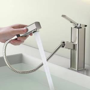 JONKEAN Pull Out Bathroom Faucet 1 Hole, Square Single Handle Bathroom Sink Faucets, Single Hole Bathroom Faucet with Pull Down Sprayer, Modern RV Lavatory Vanity Faucet (Brushed Nickel, Regular)
