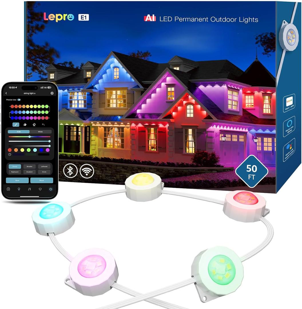 Lepro E1 AI Permanent Outdoor Lights APP Control, 50ft 30 LED Smart RGB+ IC+ Warm/Cool White House Eave Light for Halloween Christmas, Alexa Google Enabled, 2.4 GHz WiFi /Bluetooth, NO Remote Controller