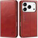 SHIELDON Genuine Leather Case Wallet for iPhone 17 Pro 6.3-inch 2025 | Book Design | Magnetic | Kickstand | RFID Blocking Credit Card Holder | Soft Shockproof Phone Cover | Retro Red