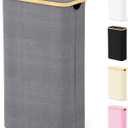 SpaceAid Slim Laundry Hamper with Lid, 65L Narrow Clothes Basket Bin with Bamboo Handles, Skinny Tall Collapsible Hamper for Bedroom, Bathroom, Dorm, Laundry Room - Grey