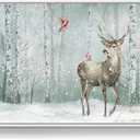 Framed Nature Landscape Wall Art, Large White Forest Canvas Prints Paintings Artwork for Walls, Modern Animal Deer and Bird Pictures for Living Room Bedroom Dining Room Hallway Wall Decor, 24x36 In