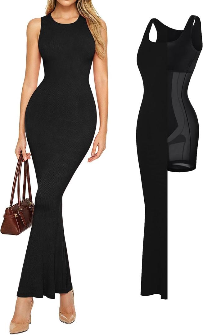 Popilush Built-in Bra Shapewear Maxi Long Dresses for Women Bodycon Sleeveless Modal Casual Formal Tummy Control Dress M