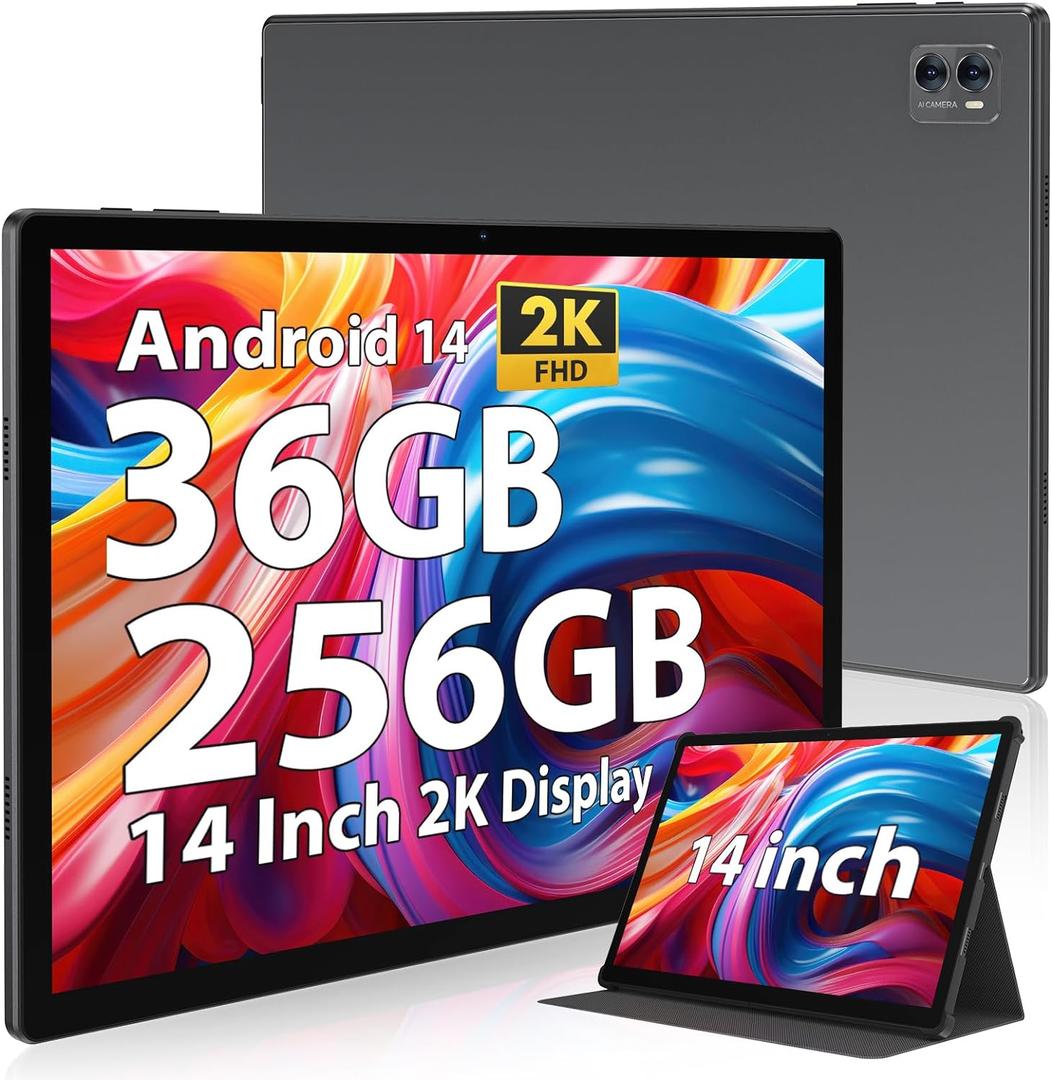 2025 Tablet 14 inch Android 14 Tablets, 2K Display, 256GB Storage(Expand to 1TB),36GB(12+24) RAM, 11580 mAh Battery 18W PD Fast Charger, 8 Core CPU,4 Speakers, 5G WiFi Tablet with Case-Gray