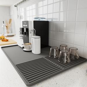 Silicone Coffee Mat with Raised Edges, 24'' x 16'' Bar Mat for Countertops, Fits Under Coffee Maker, Espresso Machine, Dish Drying Mat, Gray