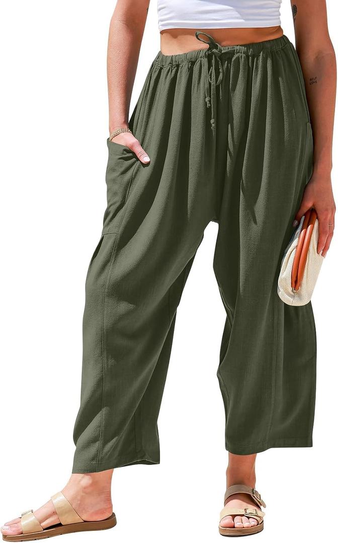 TARSE Womens Linen Wide Leg Pants Casual Loose Drawstring Summer Beach Travel Vacation Palazzo Harem Pants with Pockets M