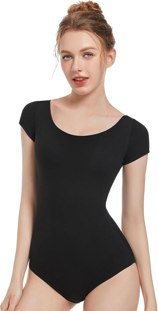 Women's Team Basic Short Sleeve Leotard For Ballet Adult Gymnastics Bodysuit Dance Clothing (Black) S 