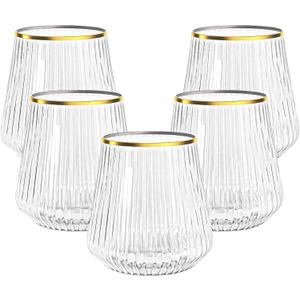 N9R 24 Count 12oz Clear Plastic Cups with Gold Rim - Elegant Origami Ripple Design, Shatterproof & Disposable for Whiskey, Cocktail, Champagne, Parties, Weddings, Events