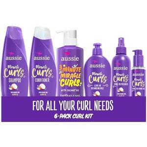 Aussie Miracle Curls Set: Shampoo, Conditioner, Deep Hydration, Spray Gel, Detangling Milk, and Oil Hair Treatment, Curl Oil, Coconut & Jojoba, Frizz Control, 5 Pieces