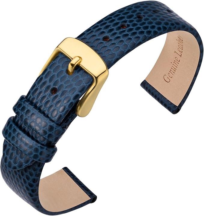 ANNEFIT Women's Leather Watch Band 10mm 12mm 13mm 14mm 15mm 16mm 18mm 20mm, Lizard Grain Slim Thin Replacement Strap (Blue/Gold Buckle)