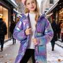 Cutemile Girls Puffer Jacket Toddler Winter Coat 5T Purple Blue Long Hooded Coats Outerwear Faux Down Jackets 5-6 Years, Violet