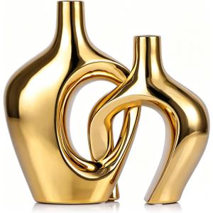 Gold Hollow Ceramic Vases Set of 2 - Modern Nordic Boho ins Style Decor Vases, Pampas Grass Flower Vases for Wedding, Living Room, Office, Entrance, Dining Table Decor Centerpieces
