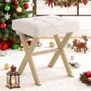 LUE BONA Square Linen Makeup Stool, Metal X Legs, Small Ottoman Stool Chair for Vanity, Modern Padded Seat Foot Rest for Makeup Room, Bathroom