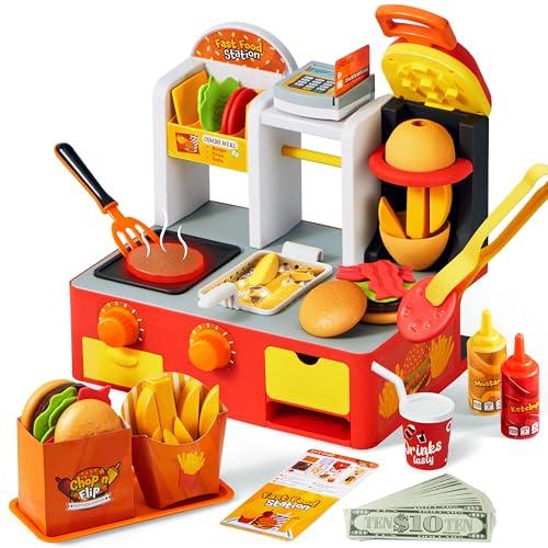 Restaurant Play Food Set Toy, 40+ PCS Fast Food Playset with Potato Cutter, Simulated Frying Effect & Lights, Order, Card & Drink Station, Interactive Role Play Toy Easter Birthday Gift for Boys Girls