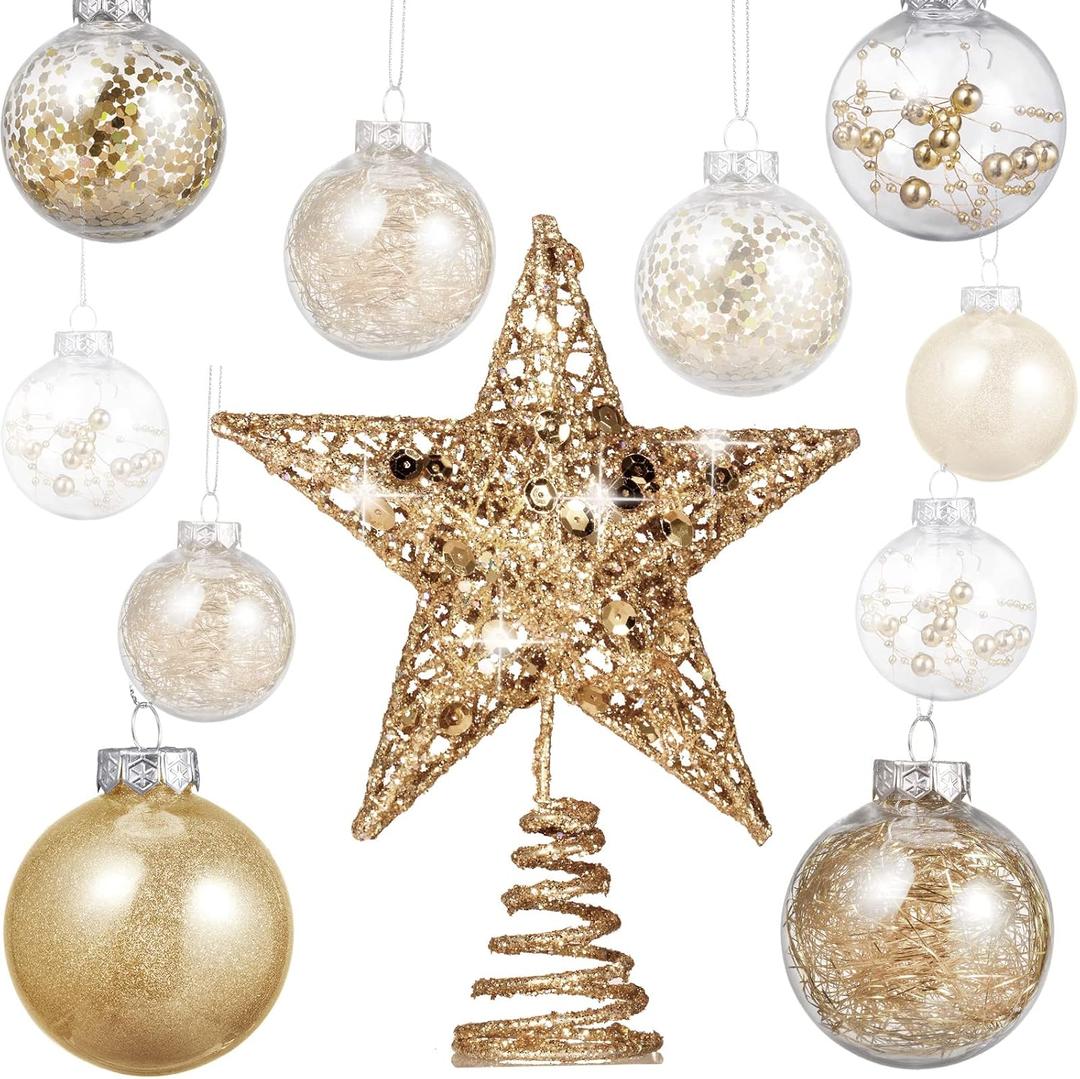 Gejoy 25 Pcs Christmas Ornaments Set Christmas Ball Ornaments with Star Tree Topper Hanging Xmas Tree Decorations with 24 Pcs 2.4 Inch Balls 1 Pack 6 Inch Star Treetop for Home Decor(Champagne Gold)